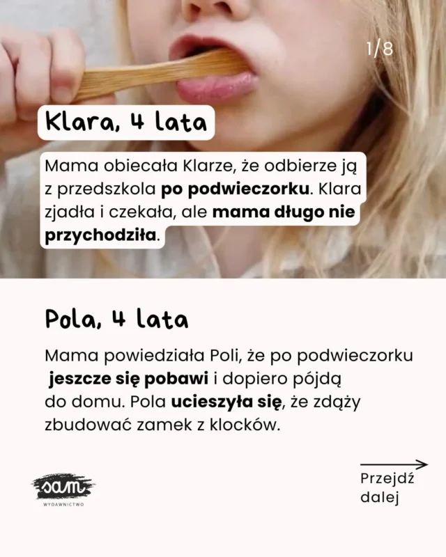 Obawiasz się, że Wasze poranki to będzie chaos i łzy? 😩 To nie wina samych poranków! Zobacz, jak to ogarnąć!🗨️ Skomentuj 𝗖𝗛𝗖𝗘̨ i poznaj książki, które pomogą Wam przygotować się do adaptacji przedszkolnej i nowej codziennej rutyny.Kiedy mówisz, że „trzeba zaraz wyjść z domu” albo „przyjdziesz po pracy”, dziecko Cię nie rozumie. Ale to nie znaczy, że nie możecie się dogadać 😉 Po prostu musisz dać mu konkrety, dopasowane do jego poziomu rozumienia świata.✅ Dawaj konkretne komunikaty – zamiast: „szykuj się”, powiedz: „załóż koszulkę i spodnie”.✅ Przestrzegajcie codziennej rutyny – przed spaniem szykowanie ubrań na rano, po wstaniu – najpierw ubieranie, potem śniadanie. Niech dziecko wie, co ma robić, a potrzebne rzeczy przygotuje wcześniej, najlepiej SAModzielnie.✅ Mierz czas w sposób zrozumiały dla dziecka – „kiedy skończy się piosenka” zamiast „za chwilę” czy „po podwieczorku” zamiast „o 15:30”.Dzięki temu Wasze poranki (i całe dni!) przestaną być walką z czasem ⏰ a staną się spokojną rutyną, w której dziecko czuje się pewnie i bezpiecznie.Poznaj książki z okienkami dla dzieci w wieku 2-5 lat, które jeszcze lepiej wprowadzą Was w temat czasu, rytuałów i przedszkola:
⌚ 𝗗𝘇𝗶𝘀𝗶𝗮𝗷, 𝗷𝘂𝘁𝗿𝗼, 𝘁𝗲𝗿𝗮𝘇, 𝘇𝗮𝗿𝗮𝘇, która przygotuje Was na nowe poranki oraz rytm dnia i tygodnia,
👧 𝗪 𝗺𝗼𝗶𝗺 𝗽𝗿𝘇𝗲𝗱𝘀𝘇𝗸𝗼𝗹𝘂 o tym, jak wygląda dzień w placówce i jakich zasad dzieci muszą przestrzegać,
🤝 𝗝𝗮𝗸 𝘀𝗶𝗲̨ 𝗱𝘇𝗶𝗲𝗹𝗶𝗰́, 𝘄𝘀𝗽𝗼́ł𝗽𝗿𝗮𝗰𝗼𝘄𝗮𝗰́ 𝗶 𝘀𝗼𝗯𝗶𝗲 𝗽𝗼𝗺𝗮𝗴𝗮𝗰́, która pokazuje, jak funkcjonować w grupie rówieśniczej.🗨️ Skomentuj 𝗖𝗛𝗖𝗘̨ i zobacz, jak wyglądają w środku!#rodzicielstwo #ksiazkidladzieci  #bookstagrampl #adaptacja #adaptacjaprzedszkolna